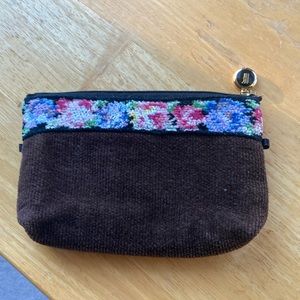 Feiler brown embroidered floral makeup bag